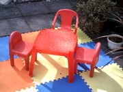 Kid's table,  3 chairs & 13 coloured playmats