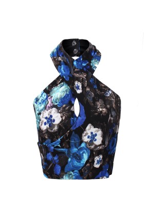 Lavish Alice Blue Floral Halter Neck Crossover Crop Top - Lavish Alice
