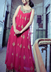 Magenta Embroidered Crinkle Chiffon Party Dress