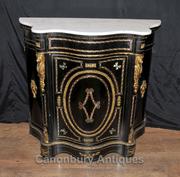 French Antique Black Lacquer Cabinet Credenza Marquetry Inlay Chest