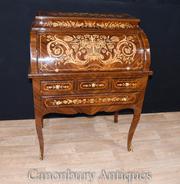 French Louis XV Roll Top Desk Bureau Writing Table Inlay Furniture