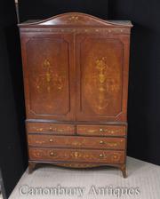 Antique Victorian Satinwood Painted Linen Press Cabinet Chest 1820