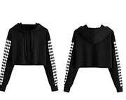 Women Crop Top Hoodie Casual Loose Hooded Plaid