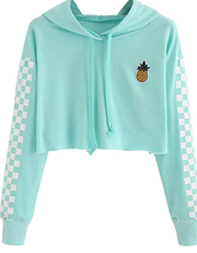 Women's Cute Plaid Long Sleeve Cropped Hoodie Sweatshirt