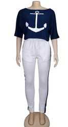 Women 2 Piece Outfit Casual Anchor Crew Neck T-Shirt