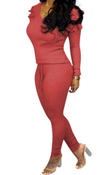 Women Ribbed Knitted Long Sleeve Ruffle Sweater Top Bodycon Long Pants
