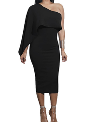 CHICFOR 女式褶皱单肩紧身铅笔纯色中长款连衣裙