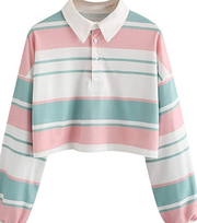 LoVnely Women Striped Crop Top Color Block Long Sleeve Loose Pullover 