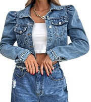 Tidecc Women Denim Jacket Puff Sleeve Button Down Cropped Short Denim 