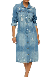 Tidecc Women Long Jean Jacket Long Sleeve Button Down Distressed Denim