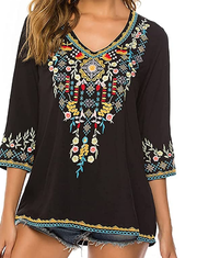 Seasonal Women's V Neck Blouses Boho Embroidery Tops Mexican 3/4 Sleev