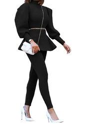 Two Pieces Outfit Ladies Elegant Puff Sleeve Peplum Shirt Top and Pant