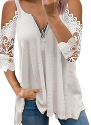 AMhomely Women Casual Lace Half SleeveV-Neck Zipper Hollow Out T-Shirt