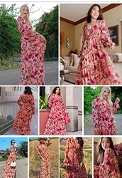 BLENCOT women's casual flowers deep V-neck long sleeve evening dress c