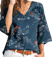 Women Blouse Sale Ladies Loose Sexy Floral Print Three Quarter Sleeve 