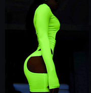 Sexy Front Zip Bodycon Bag Buckle High Neck Romper Long Sleeve0601