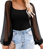 Patchwork Lantern Sleeve Shirts Square Neck Polka Dots Mesh Long Sleev