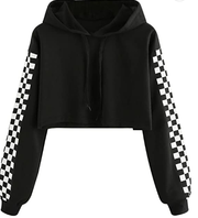 Women Crop Top Hoodie Casual Loose Hooded Plaid 0608