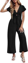 Women Short Sleeve Tie V Neck Wide Leg Pants Romper230913