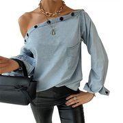 Women Denim Shirts Off The Shoulder Butto231104